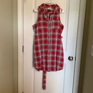 Plaid midi sleeveless dress M button with belt